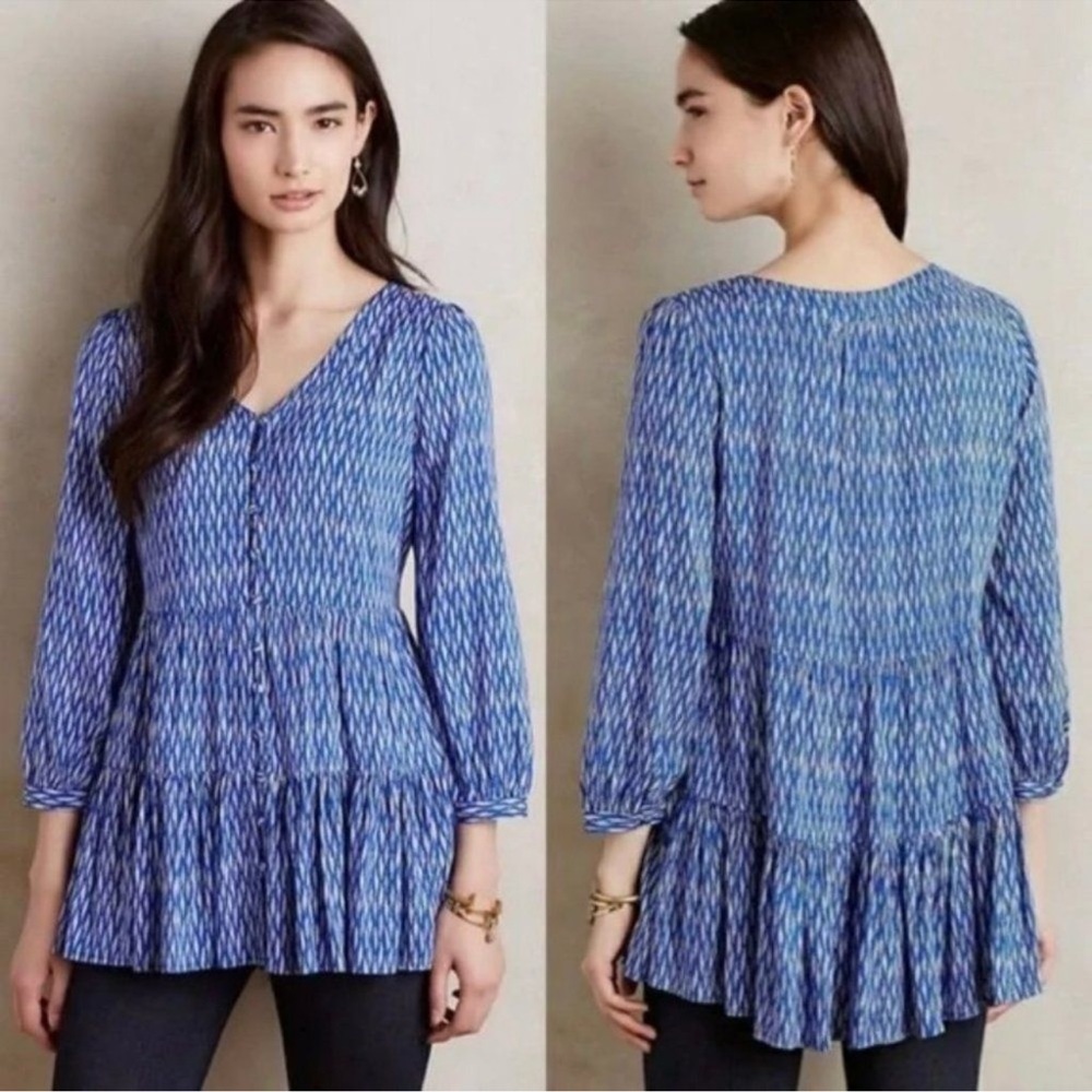 Maeve for Anthropologie Lila Blue White Tiered Tunic Top Shirt Small S